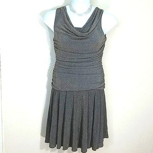 Dress cocktail gray with gold Shimmer stretch midi Cowl Neck